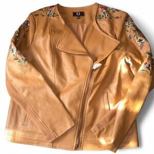 NWOT G Guilianna Tan Brown Faux Leather Moto Zip Up Jacket Embroidered Floral L